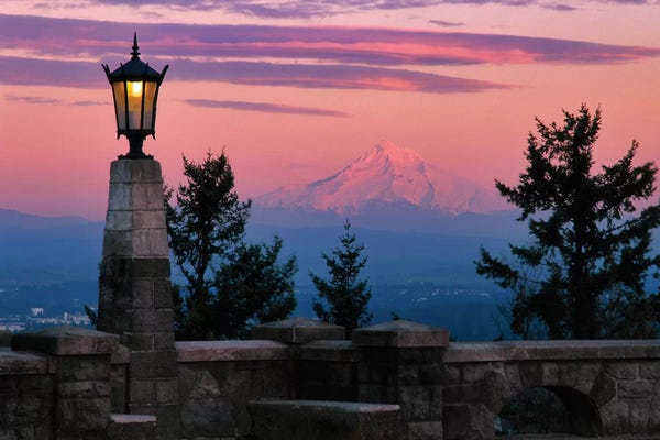 Portland: USA, Oregon, Portland. Mt. Hood with moonrise at sunset I by Jaynes Gallery