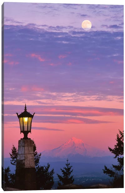 USA, Oregon, Portland. Mt. Hood with moonrise at sunset II Canvas Art Print - Jaynes Gallery