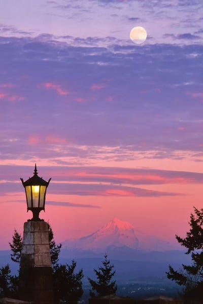 Oregon: USA, Oregon, Portland. Mt. Hood with moonrise at sunset II by Jaynes Gallery