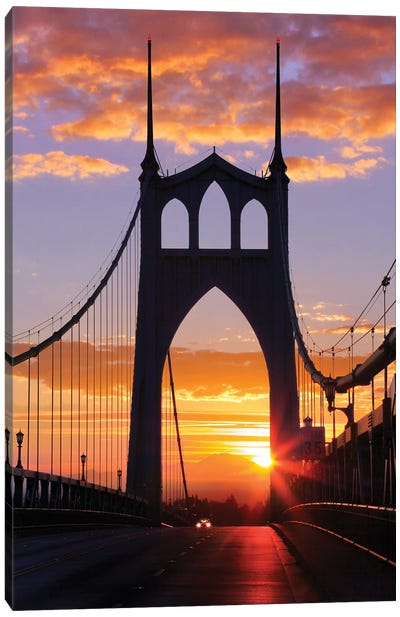 USA, Oregon, Portland. St. Johns Bridge at sunrise. Canvas Art Print - Bridge Art