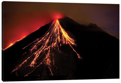 Caribbean, Costa Rica. Mt. Arenal erupting with molten lava  Canvas Art Print - Volcano Art