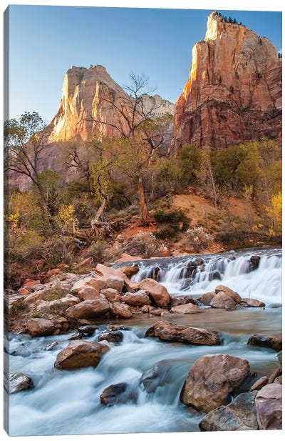 USA, Utah, Zion National Park. The Patriarchs formation and Virgin River. Canvas Art Print - Jaynes Gallery