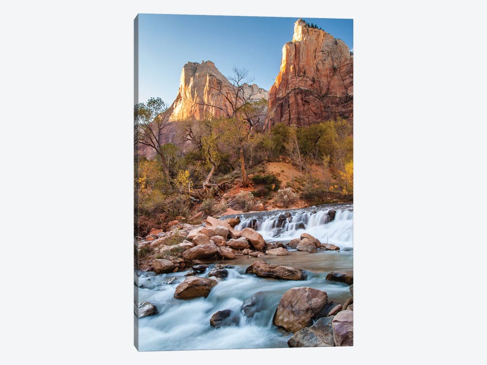 USA, Utah, Zion National Park. The Patriarchs formation and Virgin River. by Jaynes Gallery 1-piece Canvas Print