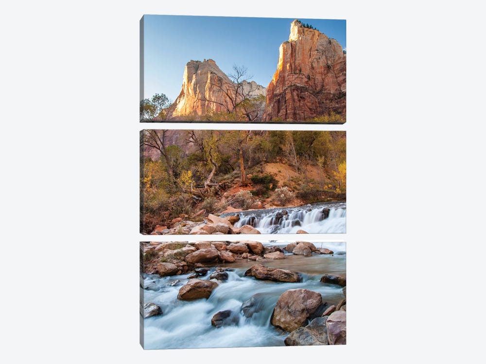 USA, Utah, Zion National Park. The Patriarchs formation and Virgin River. by Jaynes Gallery 3-piece Canvas Print