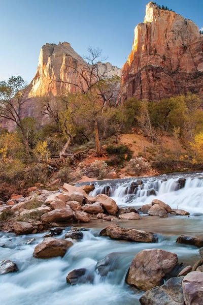Utah: USA, Utah, Zion National Park. The Patriarchs formation and Virgin River. by Jaynes Gallery
