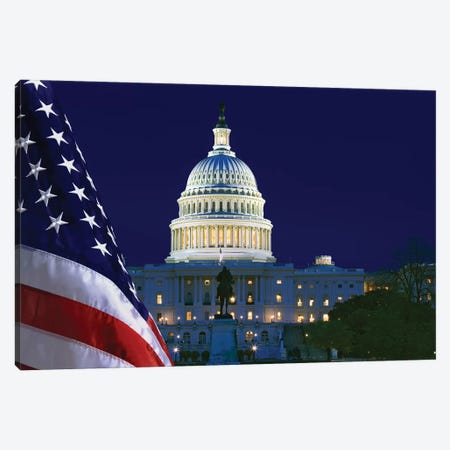 USA, Washington DC. Capitol Building and US flag at night. Canvas Print #JYG163} by Jaynes Gallery Canvas Art