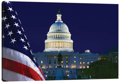 USA, Washington DC. Capitol Building and US flag at night. Canvas Art Print - American Flag Art