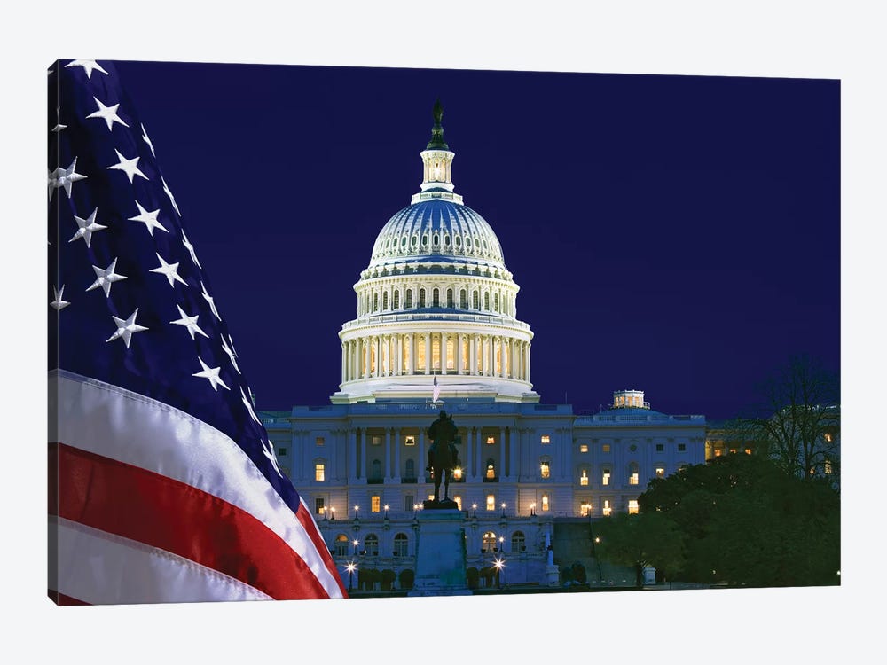 USA, Washington DC. Capitol Building and US flag at night. by Jaynes Gallery 1-piece Canvas Art