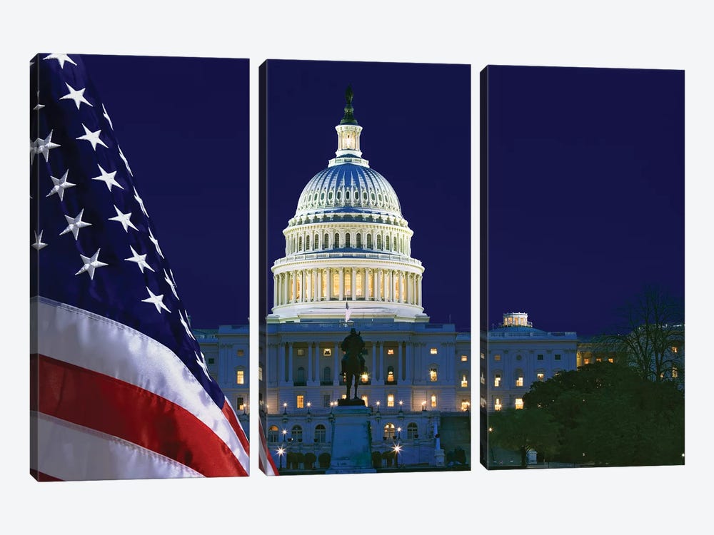 USA, Washington DC. Capitol Building and US flag at night. by Jaynes Gallery 3-piece Canvas Artwork