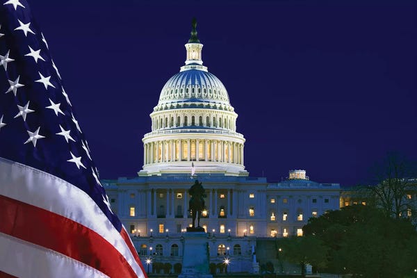 American Flags: USA, Washington DC. Capitol Building and US flag at night. by Jaynes Gallery