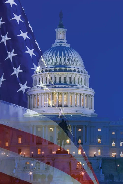 USA, Washington DC. Composite of flag and Capitol Building at night.