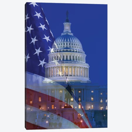 USA, Washington DC. Composite of flag and Capitol Building at night. Canvas Print #JYG164} by Jaynes Gallery Canvas Print