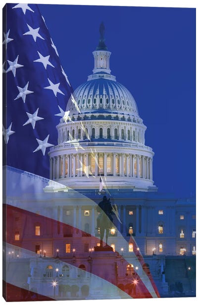 USA, Washington DC. Composite of flag and Capitol Building at night. Canvas Art Print - American Flag Art