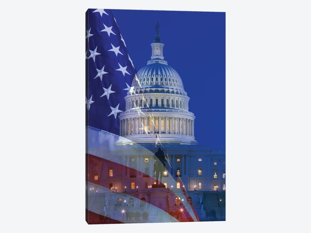 USA, Washington DC. Composite of flag and Capitol Building at night. by Jaynes Gallery 1-piece Canvas Art Print