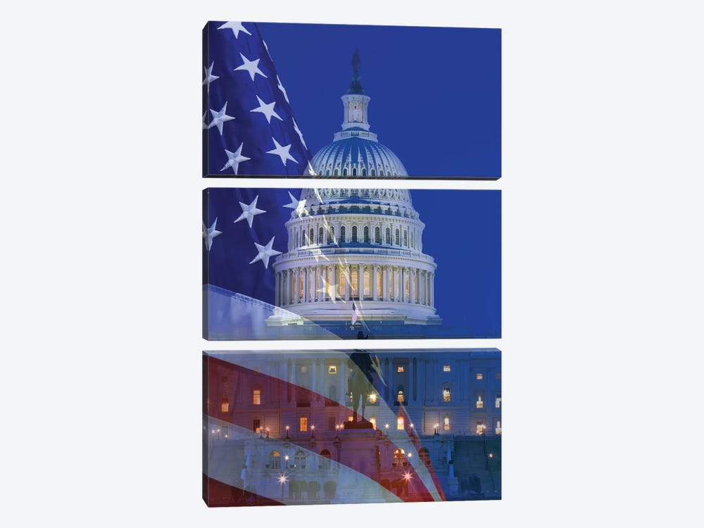 USA, Washington DC. Composite of flag and Capitol Building at night. by Jaynes Gallery 3-piece Canvas Print