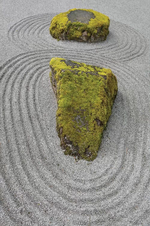 USA, Washington State, Bainbridge Island. Raked sand around rock II