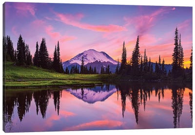 USA, Washington State, Mt. Rainier National Park. Tipsoo Lake panoramic at sunset. Canvas Art Print - Nature Lover