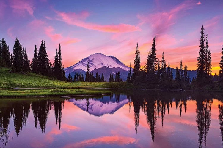 USA, Washington State, Mt. Rainier National Park. Tipsoo Lake panoramic at sunset.