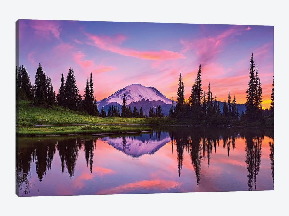 USA, Washington State, Mt. Rainier National Park. Tipsoo Lake panoramic at sunset. by Jaynes Gallery 1-piece Canvas Art Print