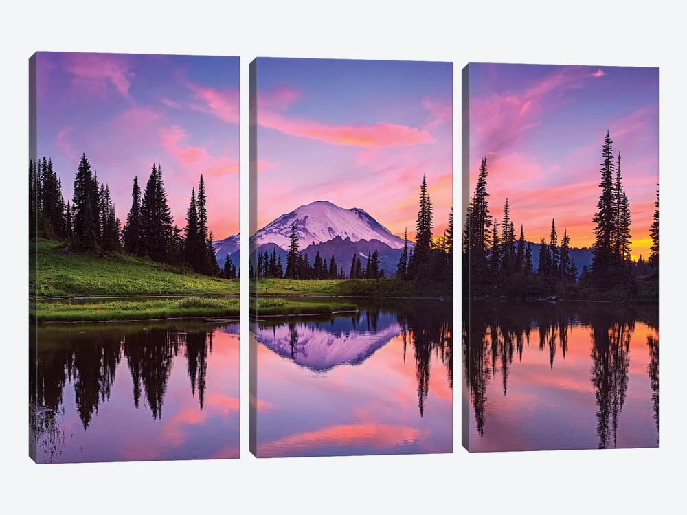 USA, Washington State, Mt. Rainier National Park. Tipsoo Lake panoramic at sunset. by Jaynes Gallery 3-piece Canvas Art Print