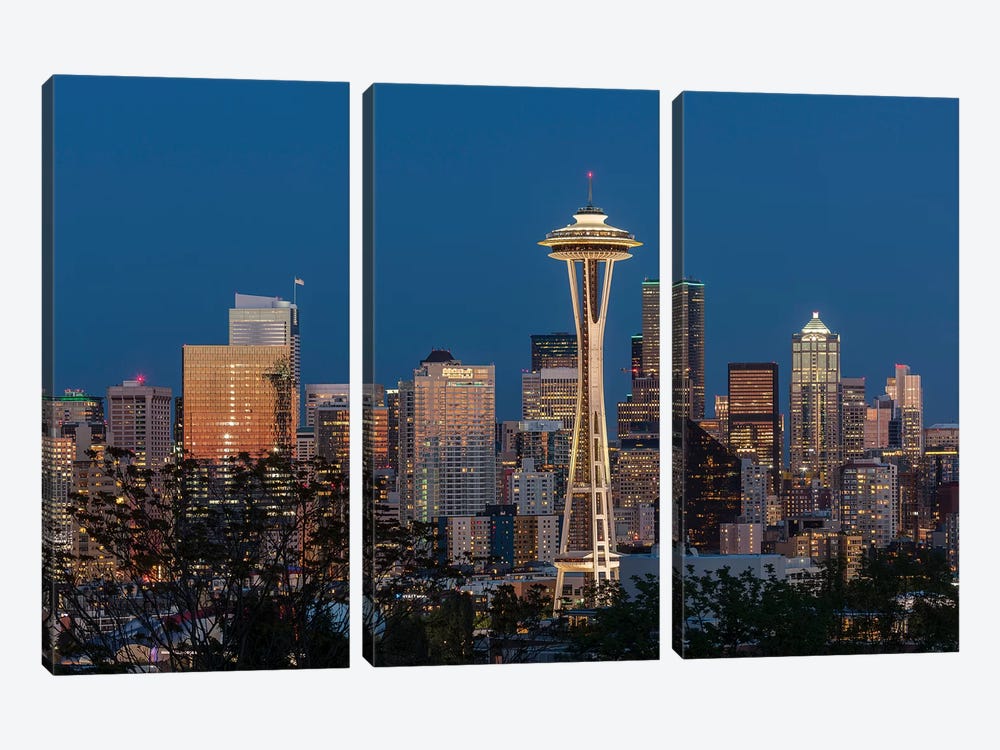 USA, Washington State. Seattle skyline at dusk. by Jaynes Gallery 3-piece Canvas Print