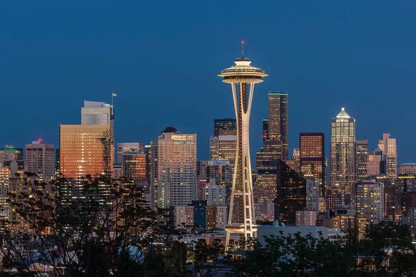 Space Needle: USA, Washington State. Seattle skyline at dusk. by Jaynes Gallery