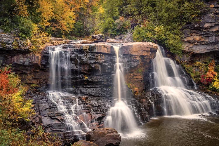 USA, West Virginia, Blackwater Falls State Park. Waterfall and forest scenic.