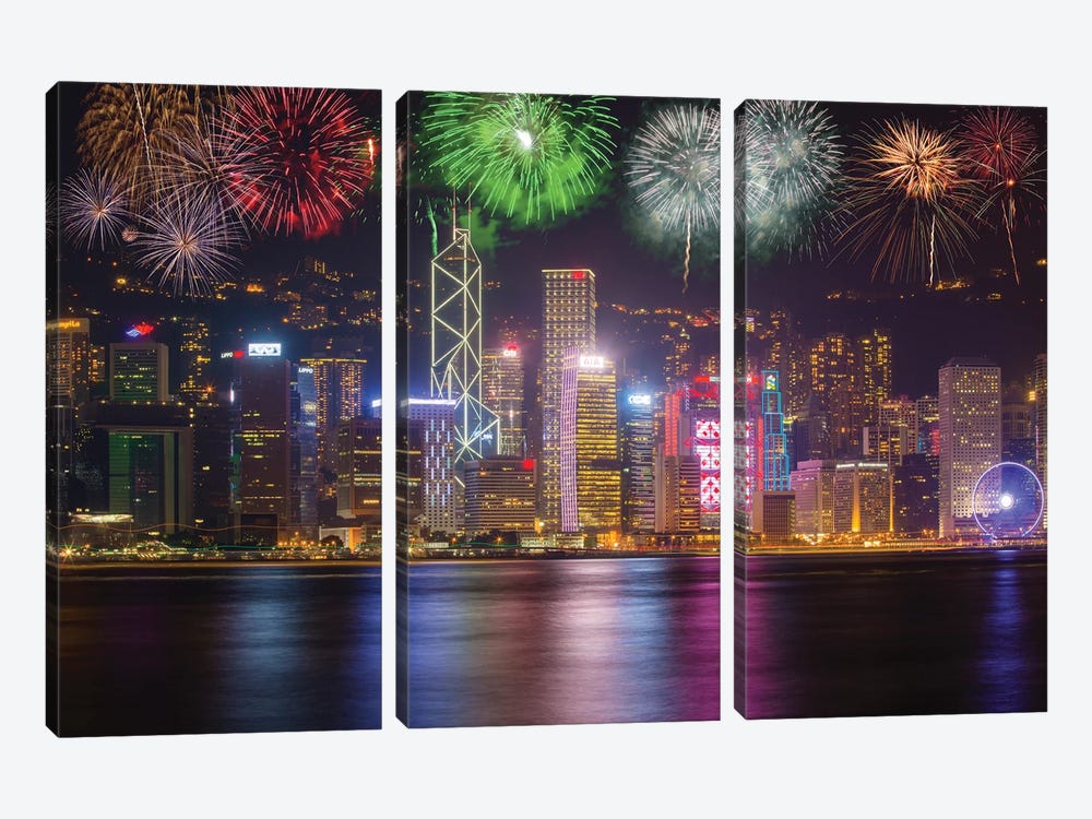 China, Hong Kong. Fireworks over city at night. by Jaynes Gallery 3-piece Canvas Art