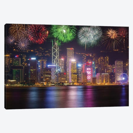 China, Hong Kong. Fireworks over city at night. Canvas Print #JYG21} by Jaynes Gallery Canvas Artwork