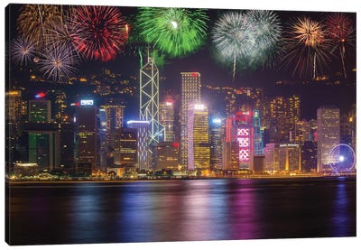 China, Hong Kong. Fireworks over city at night. Canvas Art Print - Fireworks