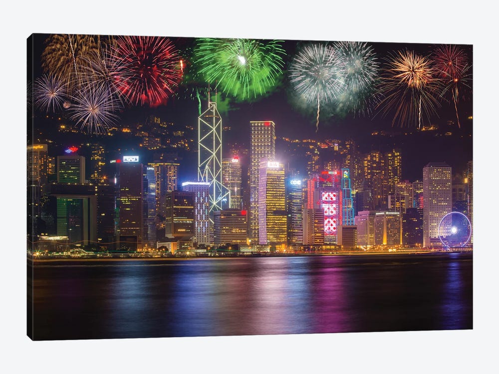 China, Hong Kong. Fireworks over city at night. by Jaynes Gallery 1-piece Canvas Wall Art