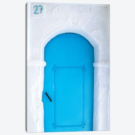 Africa, Morocco, Chefchaouen. Blue door in white building.  Canvas Print #JYG223} by Jaynes Gallery Art Print