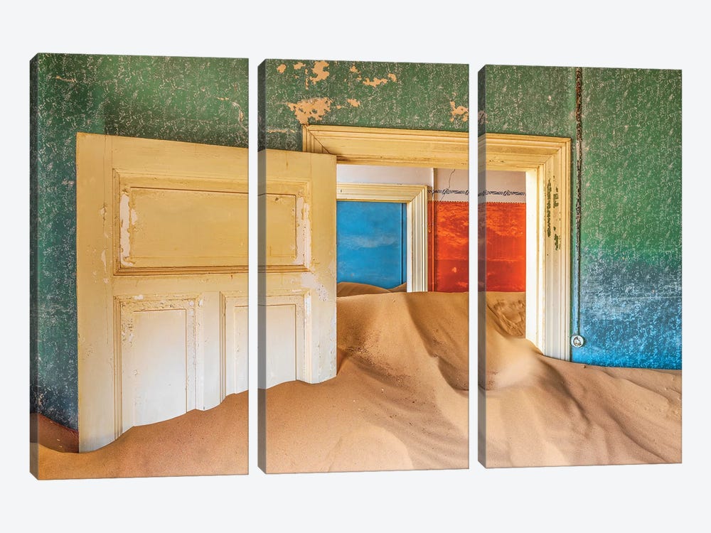 Africa, Namibia, Kolmanskop. Doorways and drifting sand in an abandoned diamond mining town. by Jaynes Gallery 3-piece Canvas Art Print