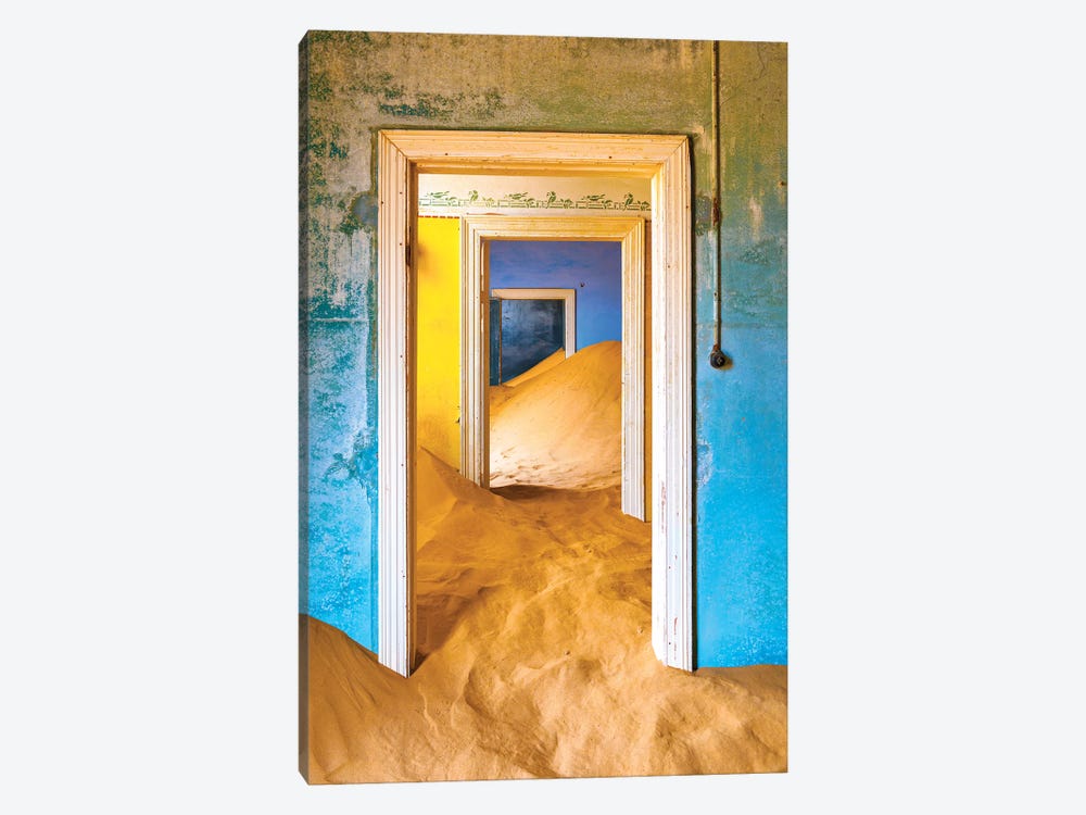 Africa, Namibia, Kolmanskop. Doorways and drifting sand in an abandoned diamond mining town. by Jaynes Gallery 1-piece Canvas Wall Art