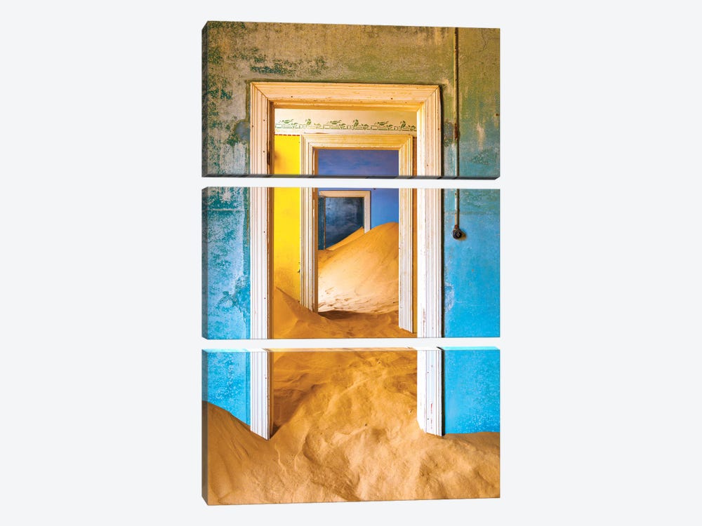 Africa, Namibia, Kolmanskop. Doorways and drifting sand in an abandoned diamond mining town. by Jaynes Gallery 3-piece Canvas Art