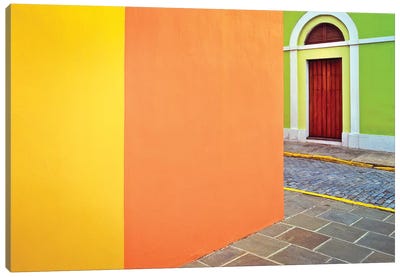 Caribbean, Puerto Rico, San Juan. Door and colorful building walls.  Canvas Art Print - Puerto Rico Art
