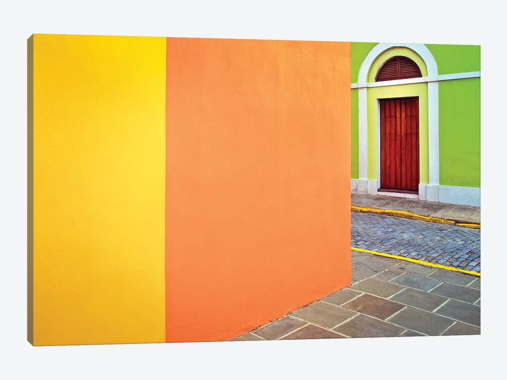 Caribbean, Puerto Rico, San Juan. Door and colorful building walls.  by Jaynes Gallery 1-piece Canvas Artwork