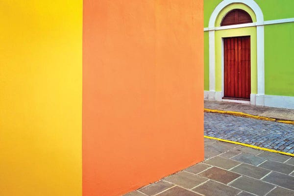 Caribbean, Puerto Rico, San Juan. Door and colorful building walls.