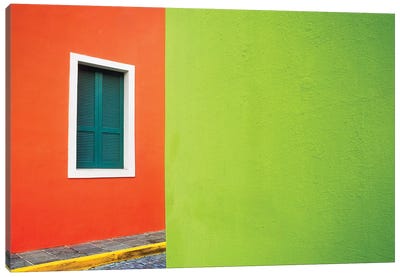 Caribbean, Puerto Rico, San Juan. Window and colorful building walls.  Canvas Art Print - Puerto Rico Art
