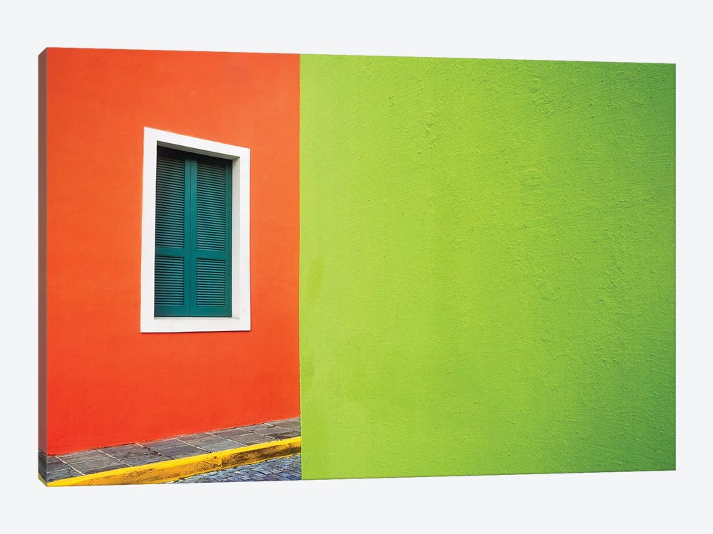 Caribbean, Puerto Rico, San Juan. Window and colorful building walls.  by Jaynes Gallery 1-piece Canvas Print