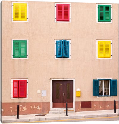 Croatia, Vrsar. Building with colorful shutters.  Canvas Art Print - Croatia Art