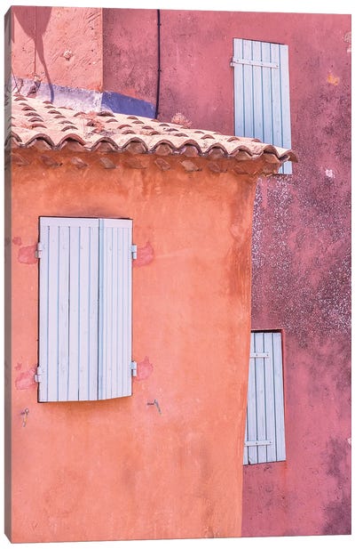 France, Provence, Roussillon. Window shutters in buildings.  Canvas Art Print - Pink Art