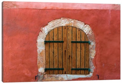 France, Provence, Roussillon. Wooden shutters in red wall.  Canvas Art Print - Provence