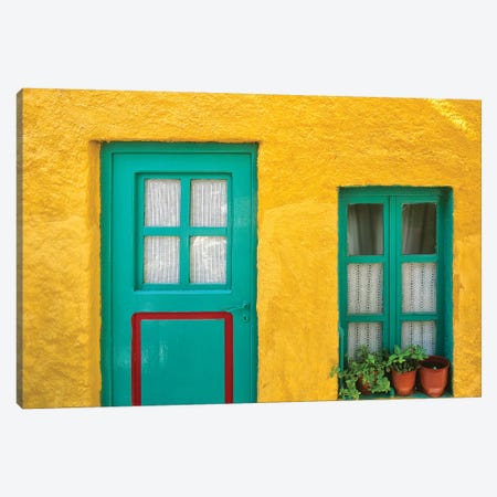 Greece, Nissyros. Door and window of colorful house.  Canvas Print #JYG240} by Jaynes Gallery Art Print