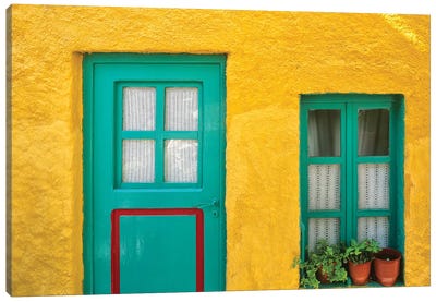 Greece, Nissyros. Door and window of colorful house.  Canvas Art Print - Door Art