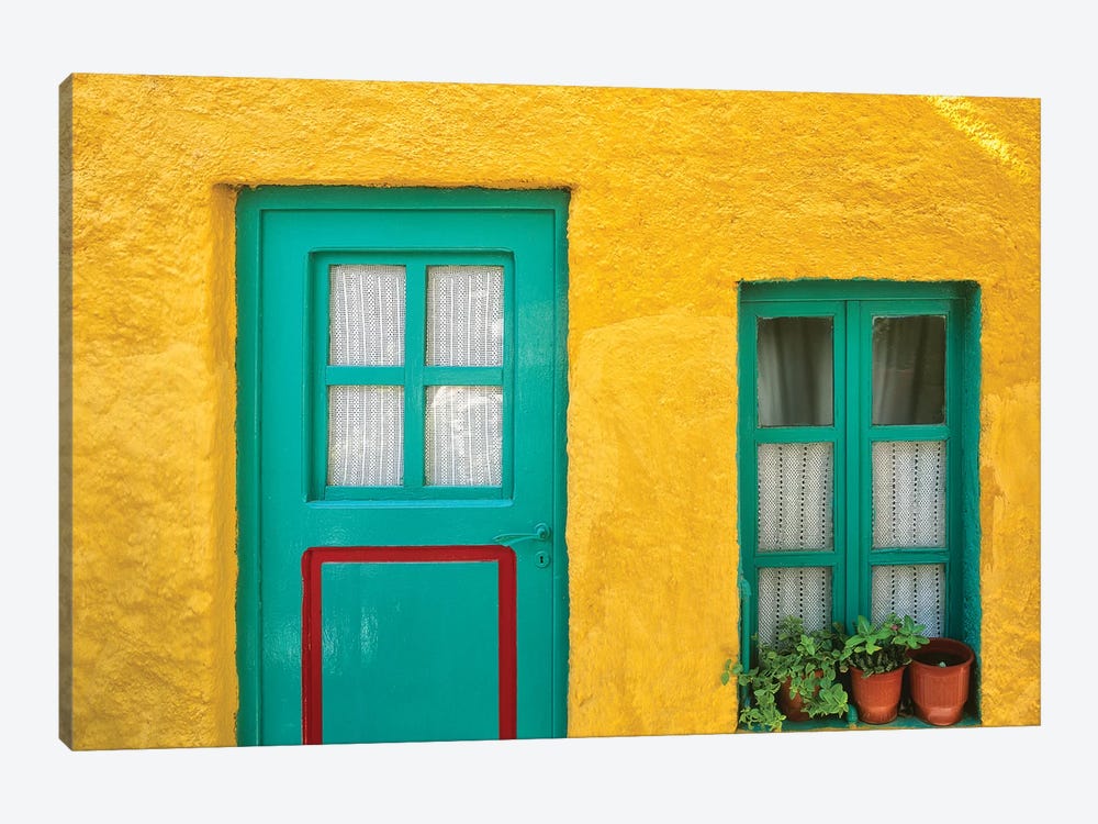 Greece, Nissyros. Door and window of colorful house.  by Jaynes Gallery 1-piece Canvas Print