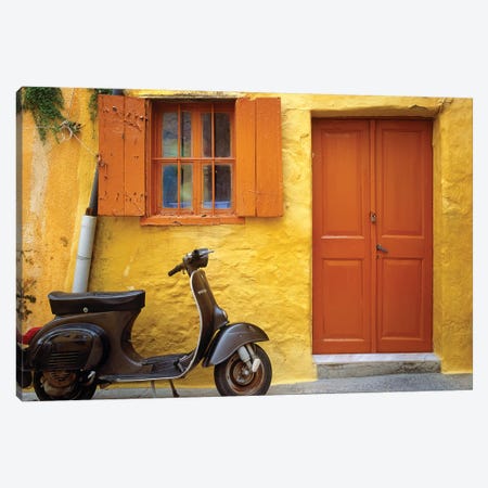 Greece, Rhodes. Vespa motorbike and colorful house exterior.  Canvas Print #JYG243} by Jaynes Gallery Canvas Art Print