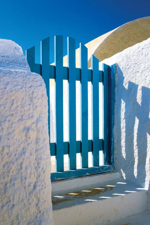 Greece, Santorini, Oia. Blue gate of home. 