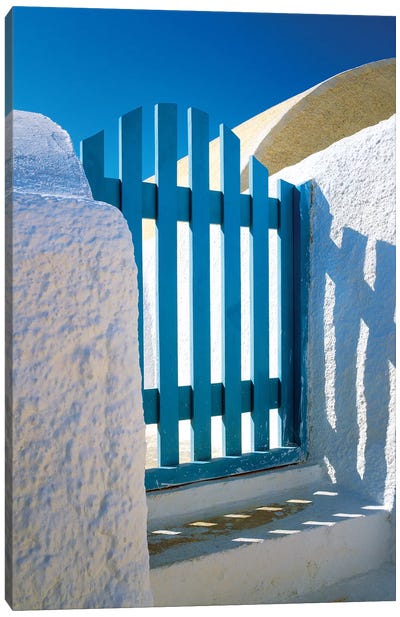 Greece, Santorini, Oia. Blue gate of home.  Canvas Art Print - Mediterranean Décor