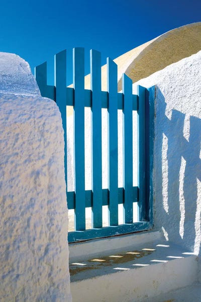Santorini: Greece, Santorini, Oia. Blue gate of home. by Jaynes Gallery